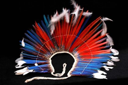 Cocar Kaiapó recebido pelo Museu em 1973. O adorno de plumagem para cabeça possui fixação das penas estruturadas sobre um cordel de algodão trançado, onde as penas brancas da orla são costuradas por finos fios de fibra vegetal.